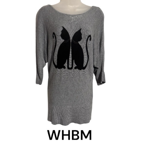 White House Black Market Sweaters - WHBM Gray Lightweight Sweater w/Black w/Rhinestone Collar Cat Silhouette  SM #K